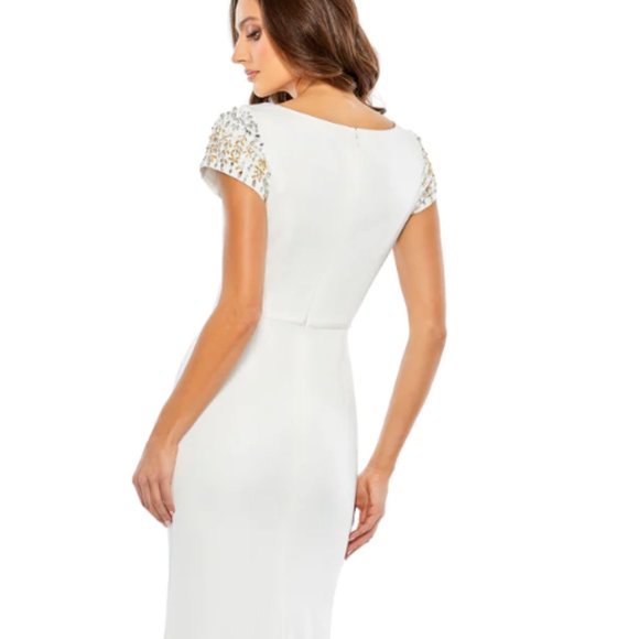 MAC DUGGAL BEADED CAP SLEEVE BATEAU COLUMN WHITE GOWN sz 8 - Picture 2 of 5